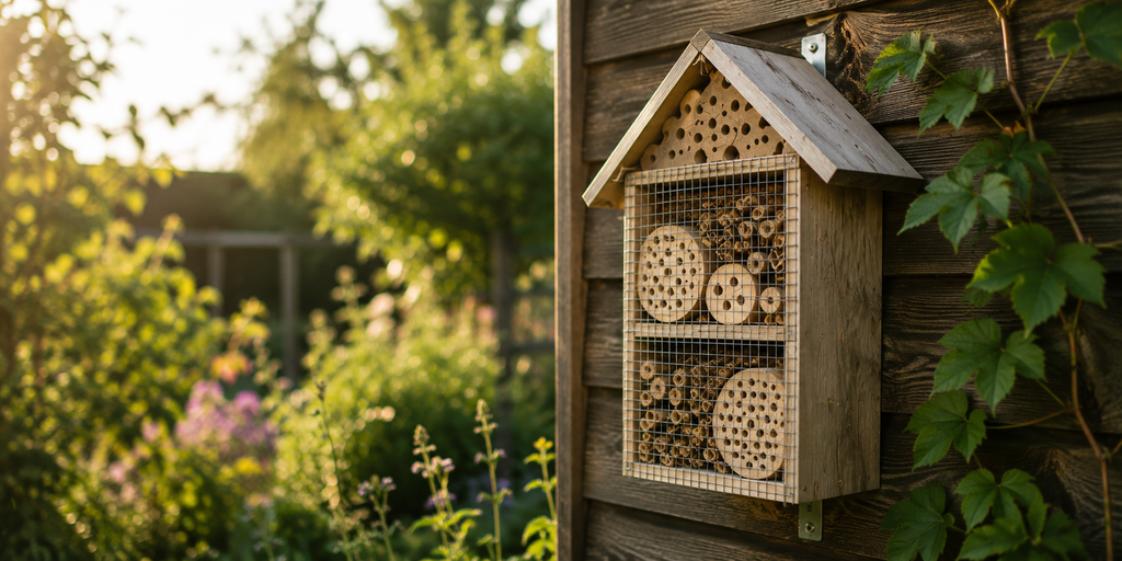 Insektenhotel hängt im Garten