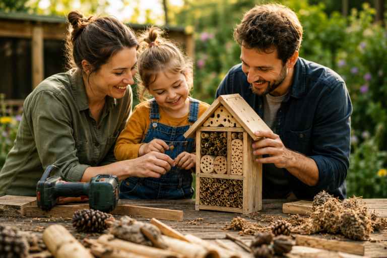 Familie baut Insektenhotel
